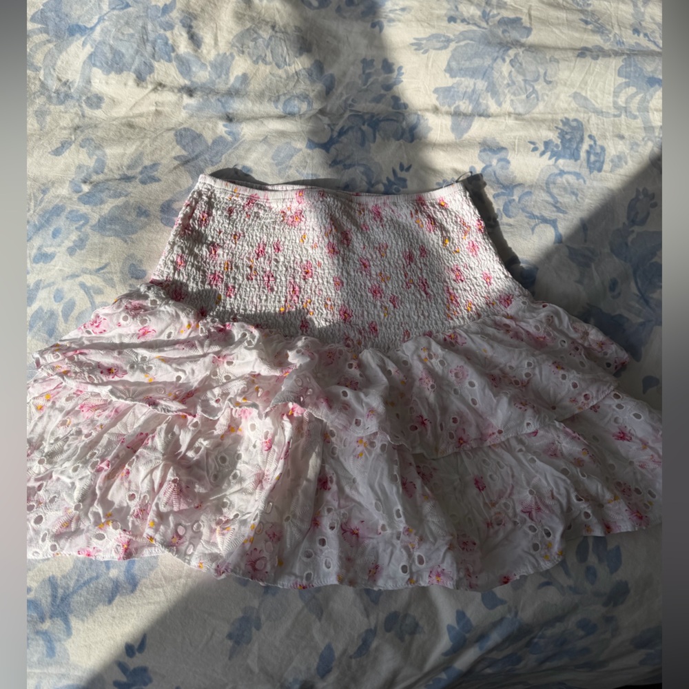 Smocked Tiered Ruffle Mini Skirt in White with Pink Floral
